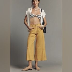 Anthropologie The Adi Linen Blend Yellow Crop Mid-Rise Flare Pants by Pilcro